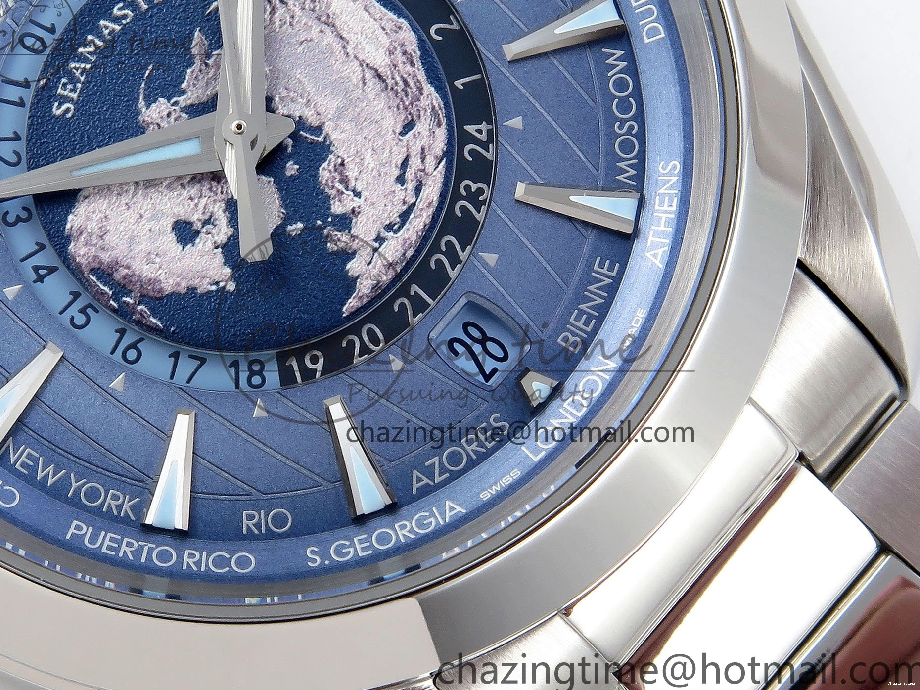 0109 Aqua Terra GMT Worldtimer 43mm VSF 1:1 Best Edition Summer Blue Dial on SS Bracelet A8938 Super Clone FashionForward 7720